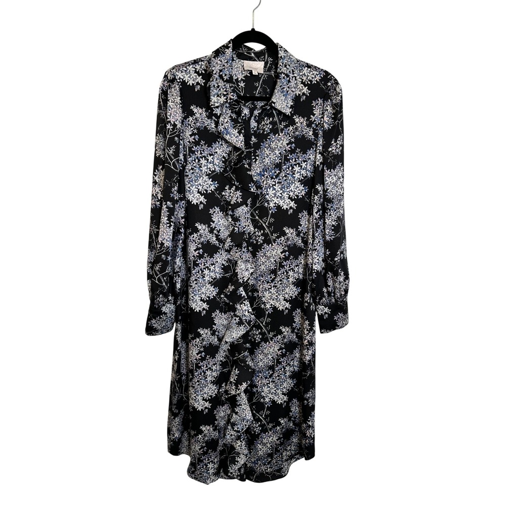 Cinq a Sept Crepe Midi Shirtdress Size 10 Black Blue Floral Ruffle Office Party